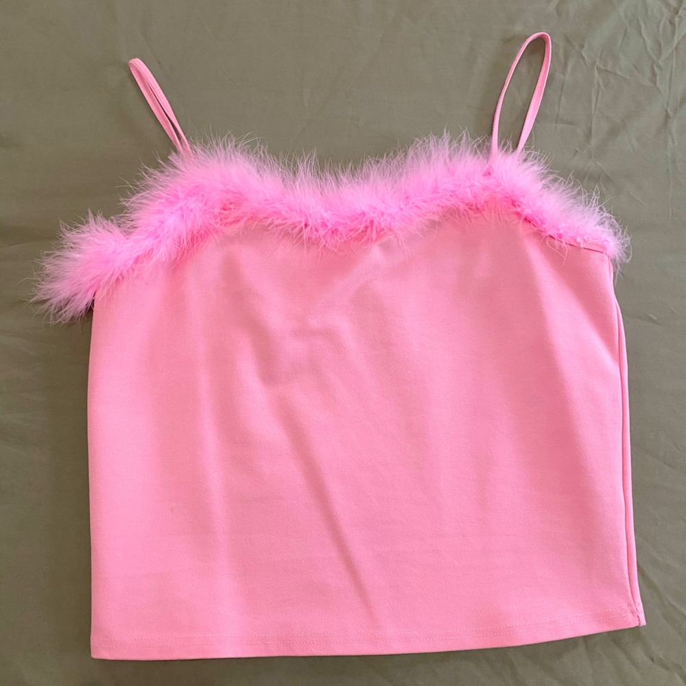 Pink feathered strap top
